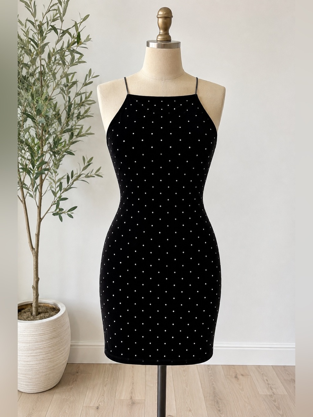 H&M Black Velvet Rhinestone Mini Dress Medium Open Back Bodycon Y2K Party - Picture 3 of 8